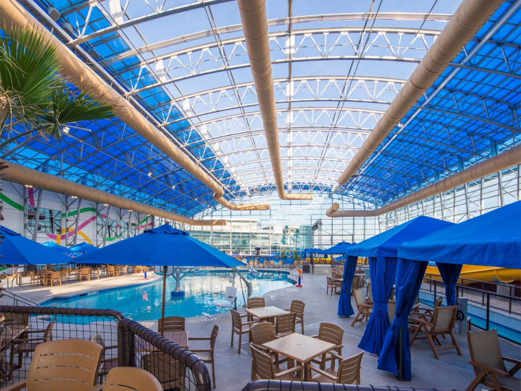 OpenAire's retractable roof over Epic Waters Waterpark in Grand Prairie, Texas - the biggest retractable roof over a waterpark in the world!