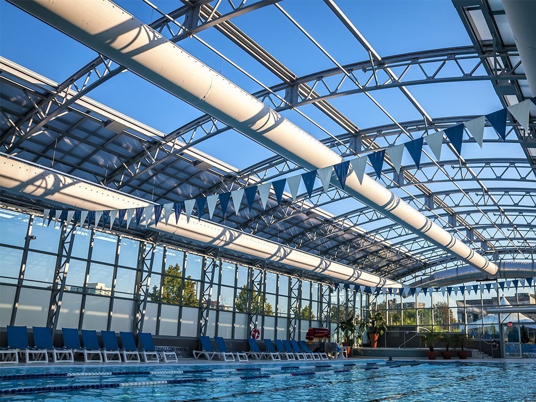 OpenAire's retractable roof over the pool at the Ontario Racquet Club in Mississauga, Ontario.